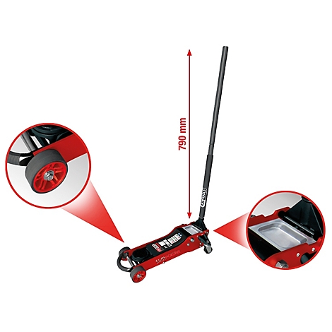 Roter Wagenheber mit Detailansichten von Rad und Mulde. Abmessung 790 mm.